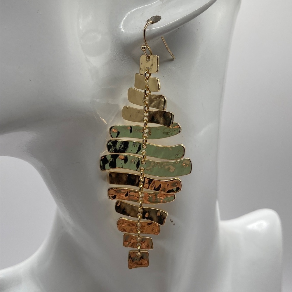 Gold Tone Fishbone Ladder Dangle Earrings Whimsygoth Wedding Guest 3”L - Picture 7 of 8